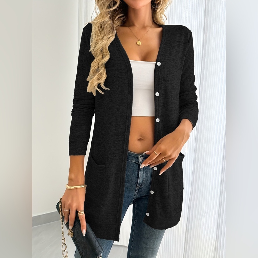Open Front Longline Cardigan with Side Pockets - Picture 6 of 12